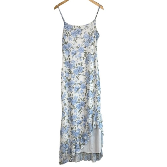 Ardene Floral Asymmetrical Ruffle Slip Midi Dress Blue White Mesh Stretch L - Picture 12 of 13